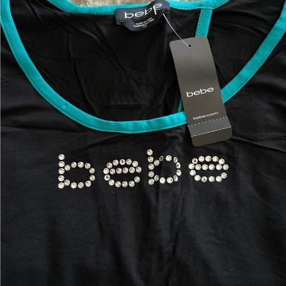 bebe Tops - Bebe Black Top with Teal Accents and Rhinestone Logo